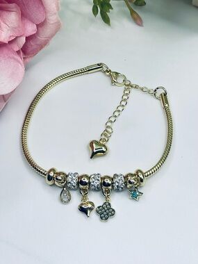 Gold stainless steel Charm Bracelet with Crystal Accents